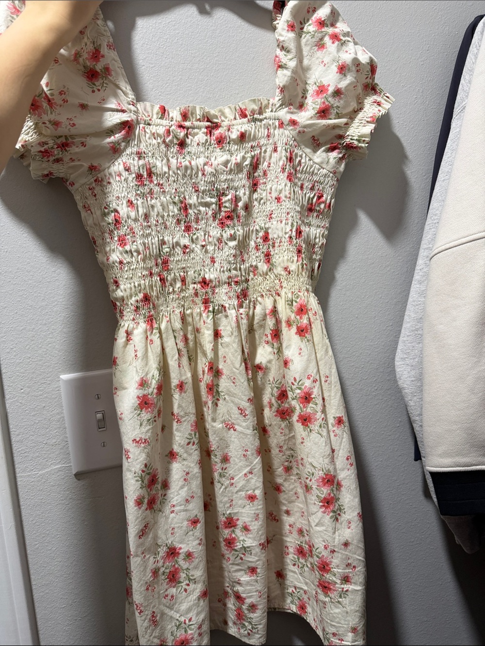 H&M Cream Floral Smocked Mini Dress with Pink Roses